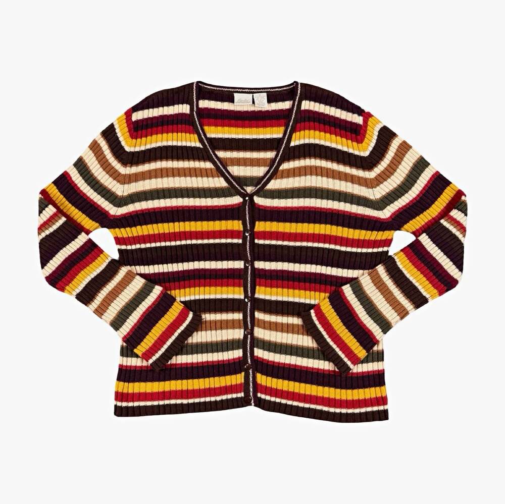 Women’s Fall Autumn Striped Ribbed Button Front V-Neck Cardigan XL